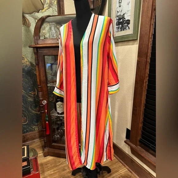 Express Multi-Color Striped Longline Kimono Duster Cardigan Boho Chic M/L - Picture 3 of 10